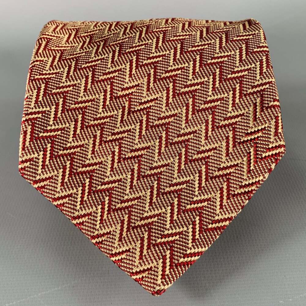 DONNA KARAN Burgundy Beige Zig Zag Silk Tie